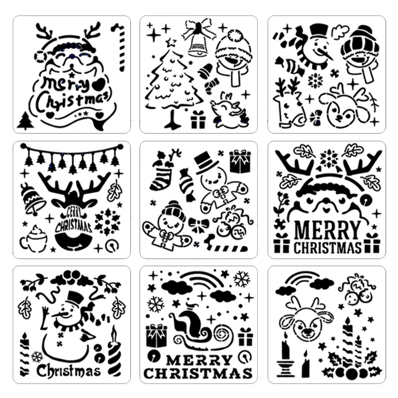

9 Pcs DIY Hollow Painting Stencils Xmas Drawing Template Tool for Art Home Decor Card Gift Reusable Child DIY Washable