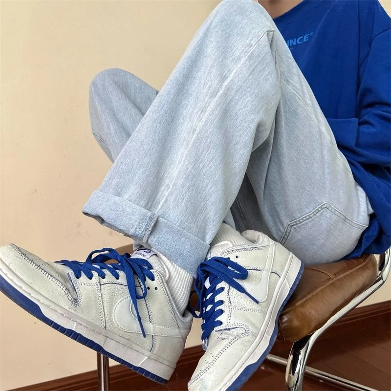 6 Colors Drawstring Jeans Men Fashion Casual Straight Jeans Men Streetwear Hip Hop Loose Wide Leg Denim Pants Mens Trousers
