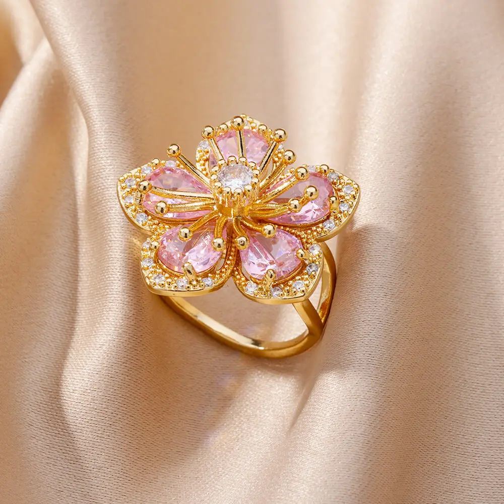 

Delicate Pink Zircon Flower Rings for Women Gold Plated Stainless Steel Ring 2023 Trend Elegant Luxury Aesthetic Jewelry anillos