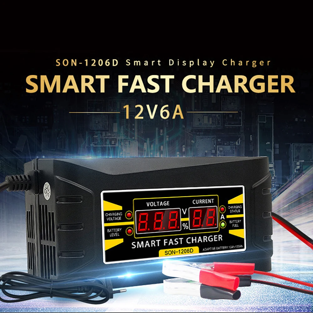 

12V 6A Full Automatic Car Battery Charger Lead Acid Battery-chargers Smart Fast Power Charging 150V-250V LCD Display US EU Plug