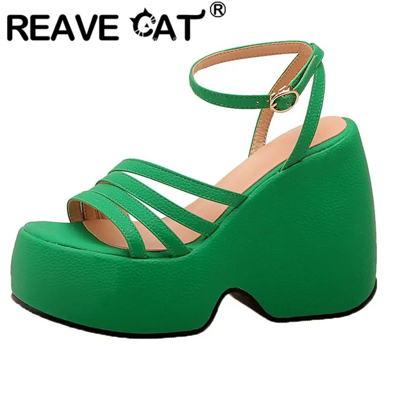 

REAVE CAT Lady Platform Sandals Open Toe Wedge High Heel Buckle Strap Roma Style Big Size 33-43 Solid Orange Green Concise S3925