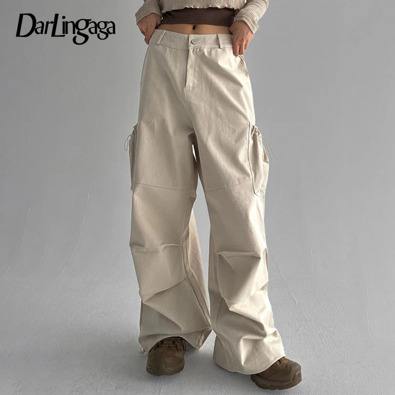 

Darlingaga Harajuku Solid Drawstring Low Rise Parachute Pants Korean Fashion Pockets Draped Baggy Trousers Tech Sweatpants Chic
