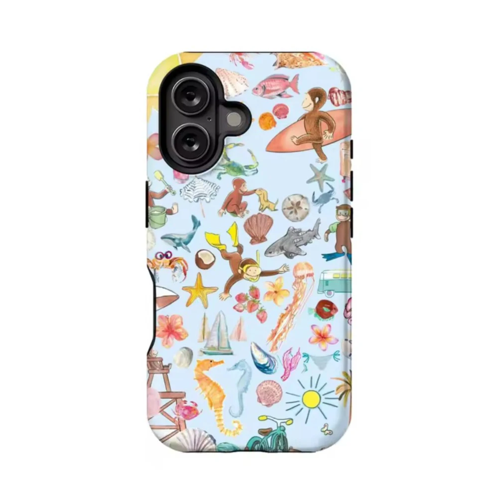 Фото Роскошный чехол Clmj Cute Monkey Curious George для iPhone 17, 17e, 16, 15, 14, 13, 12, 11, XS, XR, XSMAX, Air, Pro Max, Plus, двухслойный №2