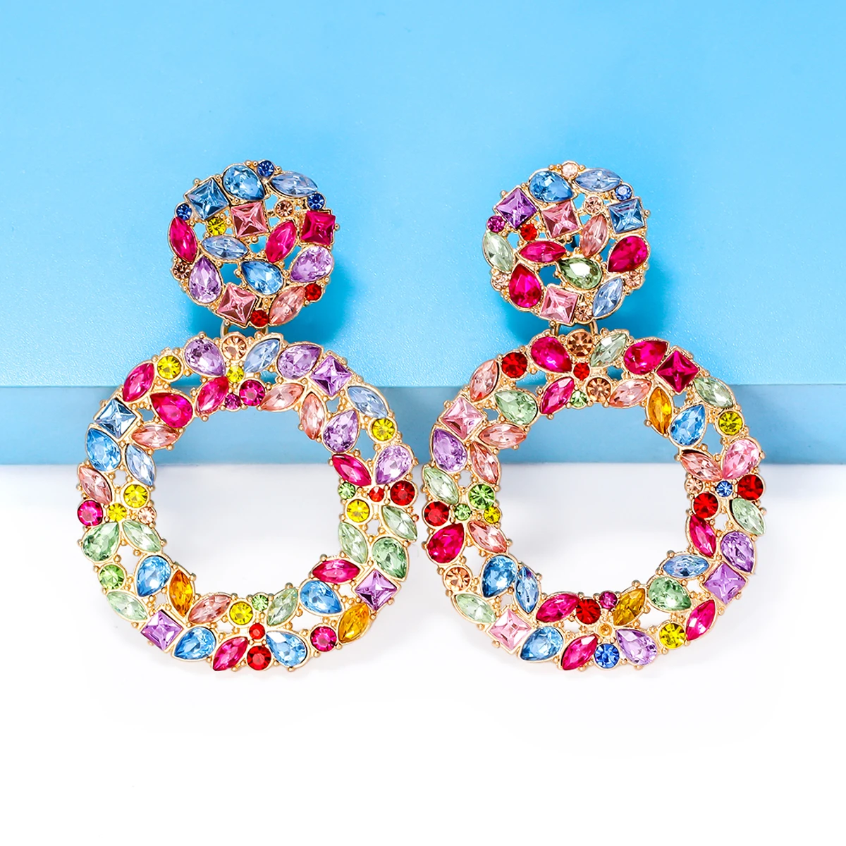 

JURAN Colorful Crystal Round Circle Dangle Earrings For Women High-quality Metal Rhinestone Earrings Statement Jewelry Brincos