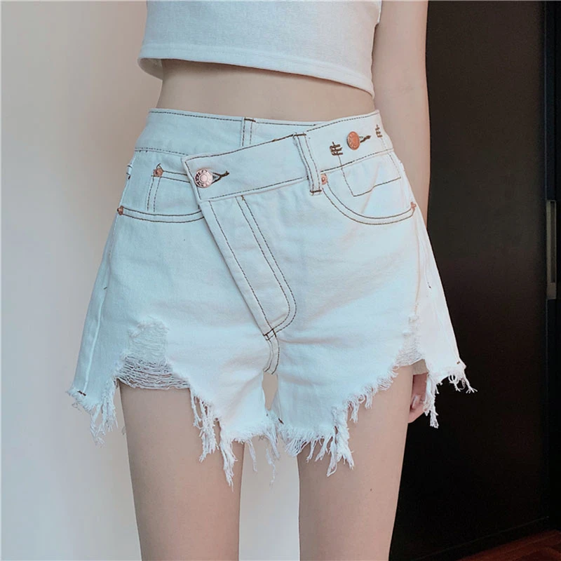 2021 Summer Women Korean Irregular High Waist White Denim Shorts New Female Fashion Casual A-line Short Jeans Ripped Tassel Wear