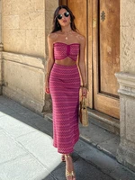 sexy drawstring tube top long skirt 2 piece sets summer elegant vacation dresses for women 2022 casual ladies beachwear