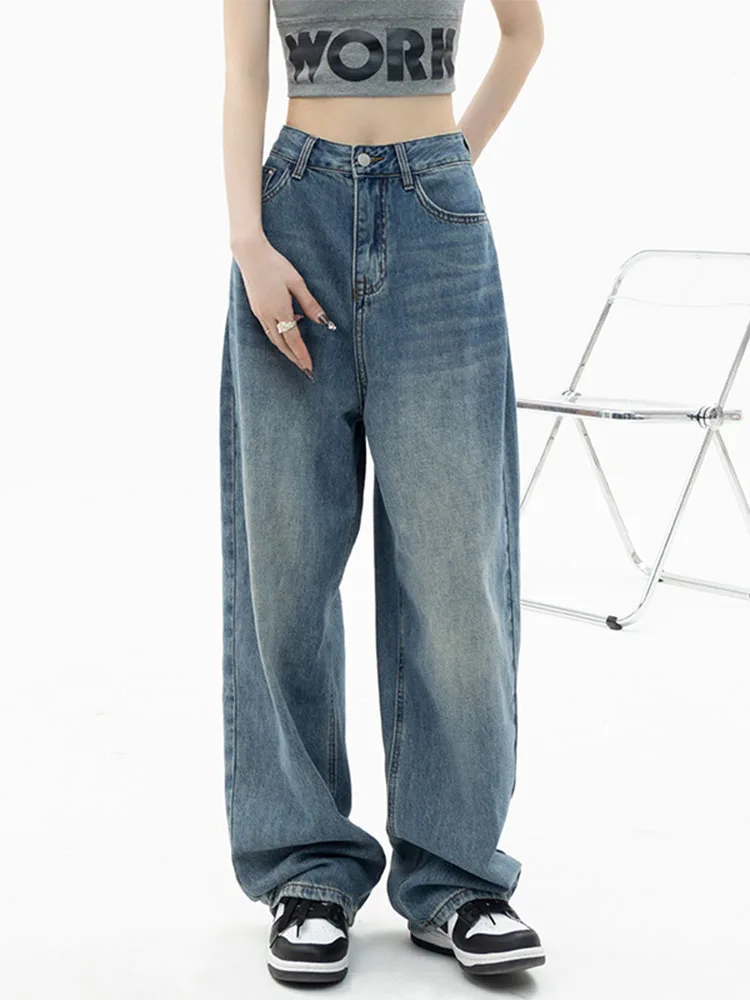 Vintage High Waist Jeans Women Korean Version Of Ins Loose Wide Leg Pants College Style Casual Fashion Floor-Length 2022 Autumn