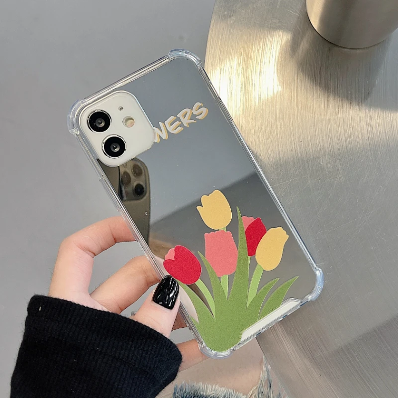 

Cute Watercolor Flowers Makeup Mirror Clear Phone Case For iPhone 13 11 12 Pro X XR XS Max MINI 7 8Plus Shockproof Cartoon Cover