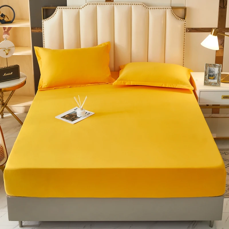

1Pc Bed Sheet With Elastic Solid Color Double Couvre Lit for Adults Yellow Color Queen/King Size Mattress Covers (No Pillowcase)