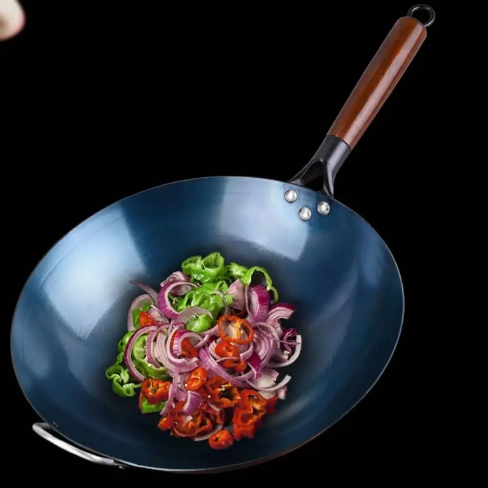 

Wooden Handle Chinese Traditional Iron Wok Round Bottom Non-stick Iron Pot Anti-scalding Lightweight Frying Pan Gas Stove