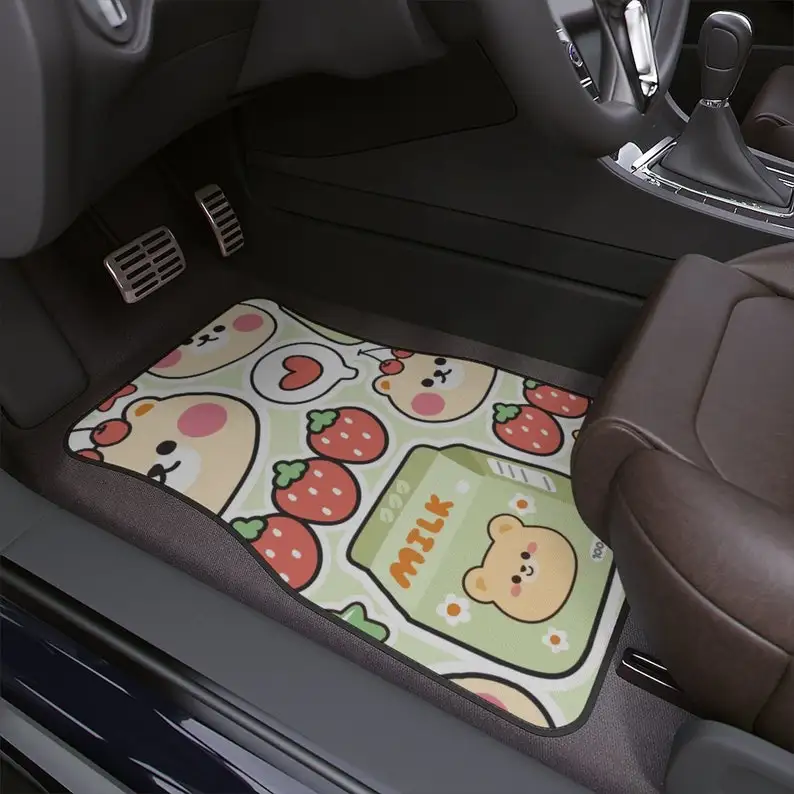 

Cute cherry bear face with milk strawberry Car Floor Mats, custom printed Kawaii car decor mats, Animal character printed car fl