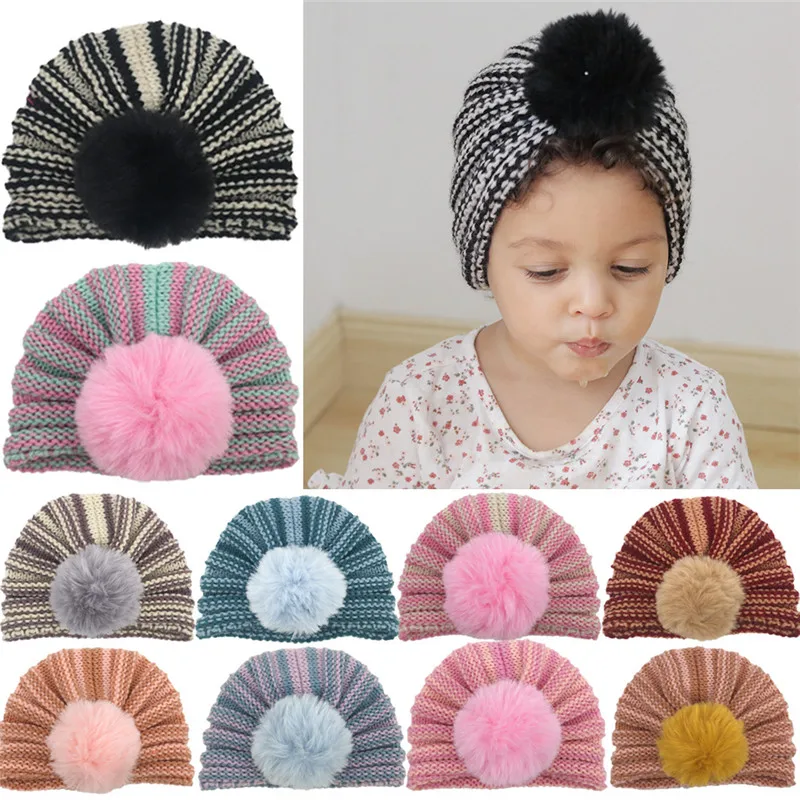 

New Children's Striped Knitted Hats with Wool Ball Baby Kids Caps for Fashion Girls Boys Warm Hat 1-3Y