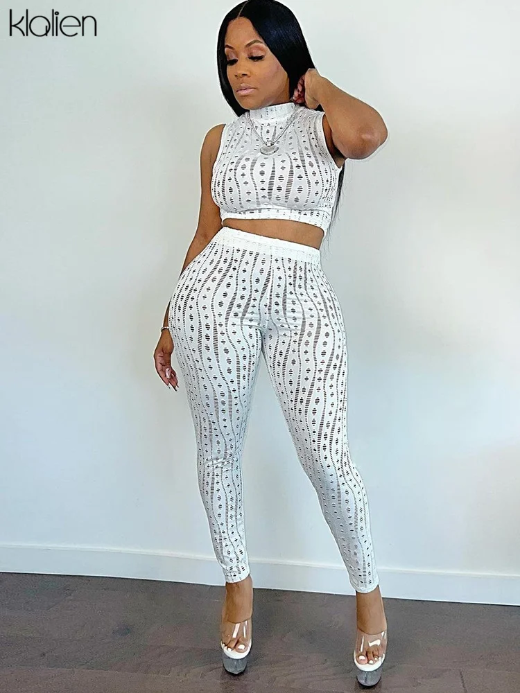

KLALIEN Hollow Out Mesh Two Piece Set Women Summer New See Through Skinny Stretch Streetwear Y2K Female Tracksuit Matching Set