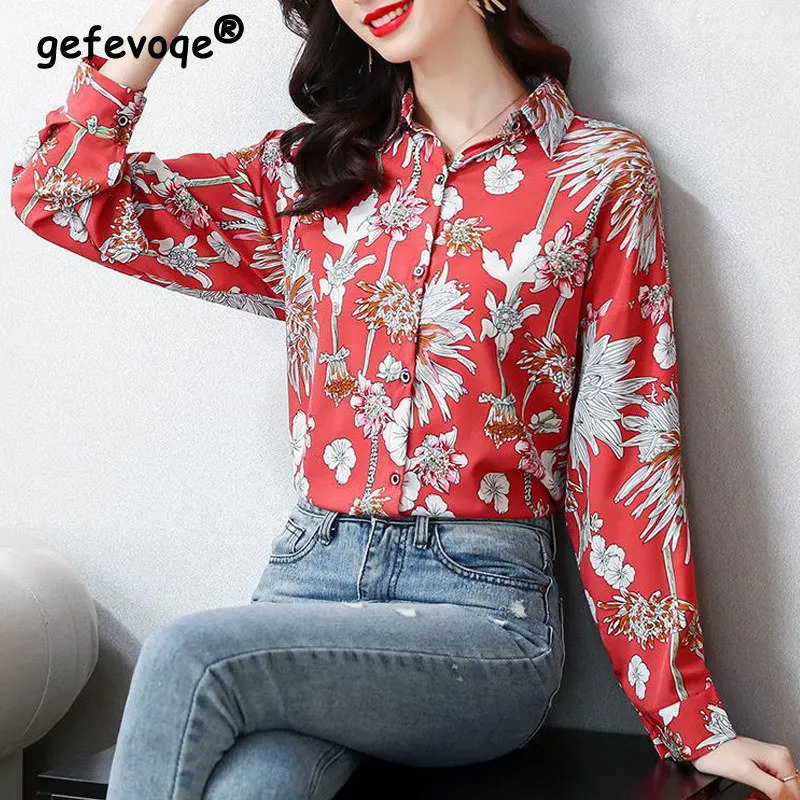 

New Spring Autumn 2023 Elegant Korean Fashion Floral Print Commute Ladies Tops Blouses Women's Loose Long Sleeve Button Up Shirt