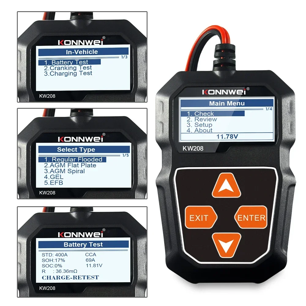 KONNWEI KW208 Тестер автомобильного аккумулятора 12 В 100–2000CCA зарядки при запуске