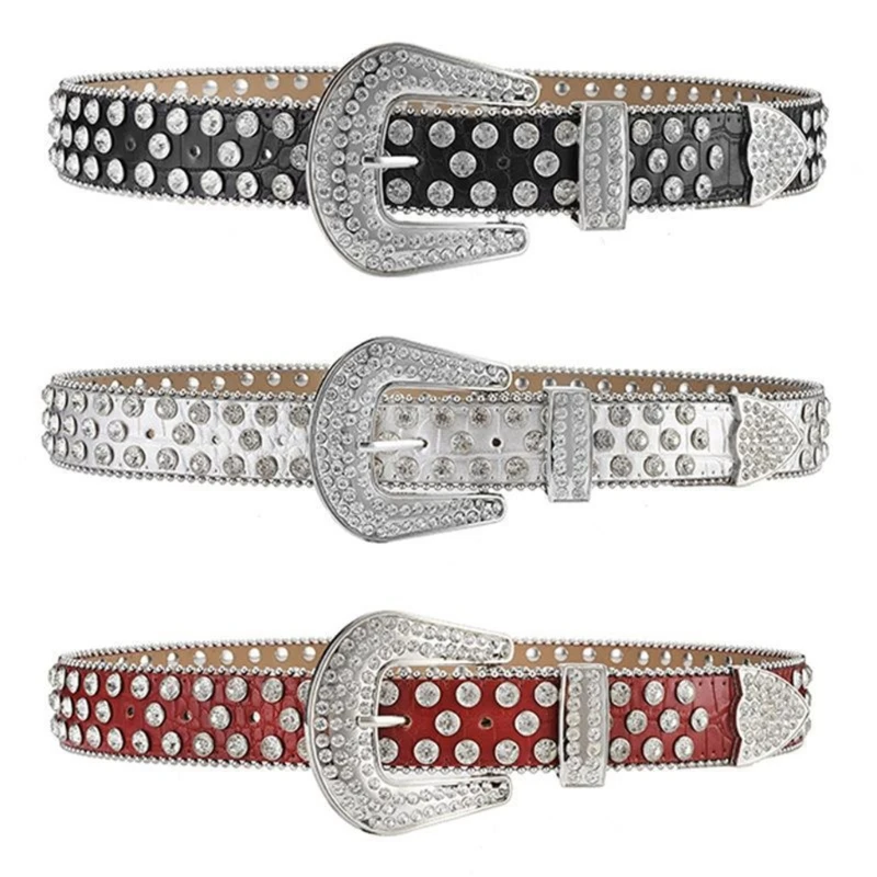 

E15F PU Leather Belt for Teenager Girl Female Shiny Belt Bling Waist Belt