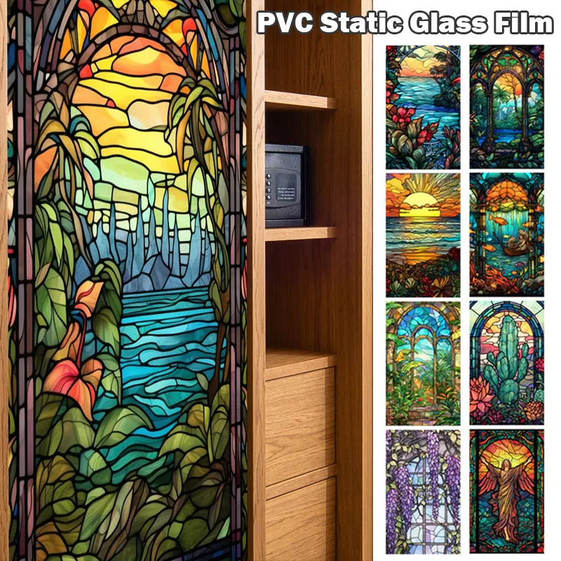 

45x100cm Stained Colorful Tropical Plant Flower Ocean Sunrise Door Window PVC Static Glass Film Home Decor Sticker Removable