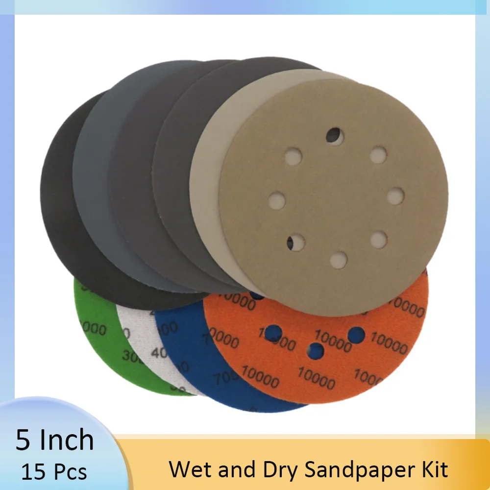 

15шт Наждачная бумага с крючками и петлями, 5-дюймовые шлифовальные диски, влажные и сухие, зернистость 60-2000 для ротационной шлифовальной машины, автомобильной шлифовки металла, полировки