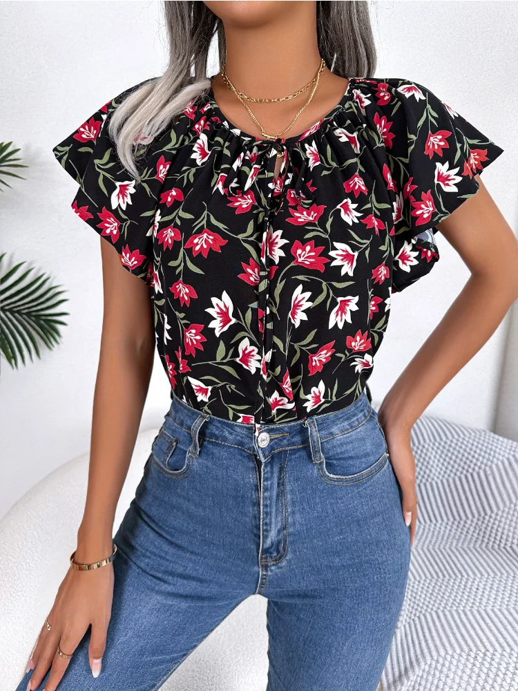 

Women Summer Print Floral Loose Chiffon Blouse Elegant Casual Fashion Office Lady Streetwear Ruffle Short Sleeve Top New 2023