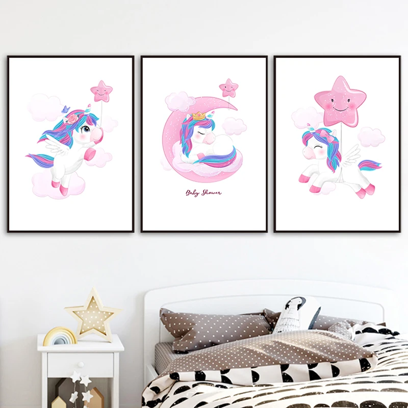 

Cute Unicorn Wall Art Nordic Kids Print Nursery Canvas Poster Cartoon Star Moon Paintings Poster Wall Pictures Baby Girl Room