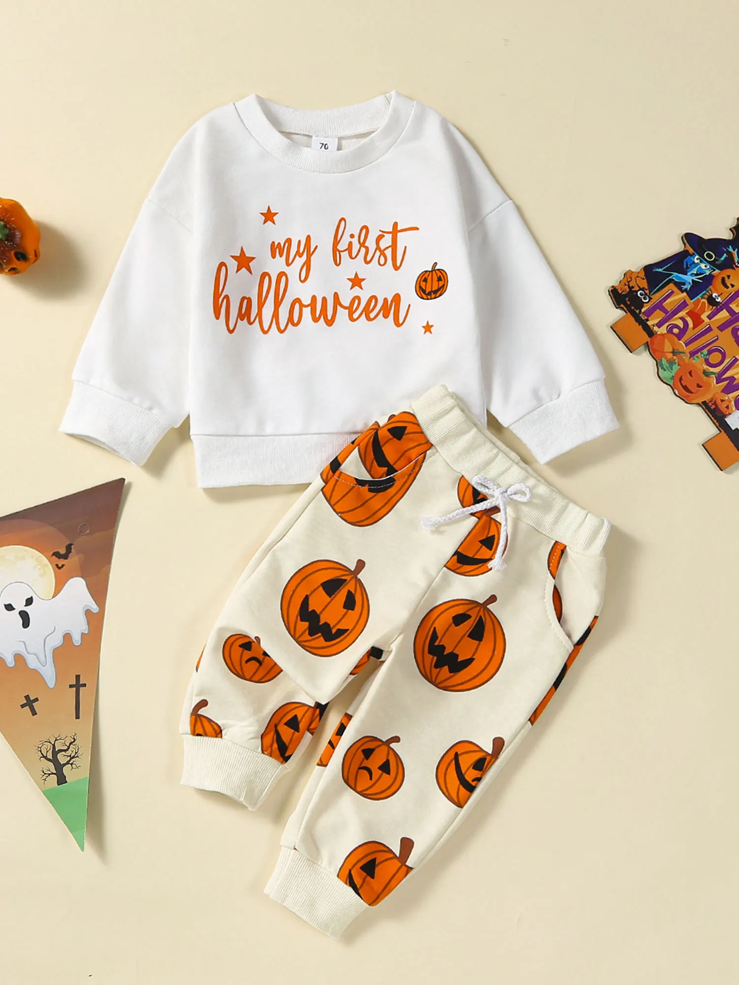 

Adorable Halloween Costume for Baby Ghost Print Hooded Romper and Pants Set for Newborn Infant Fall Clothes