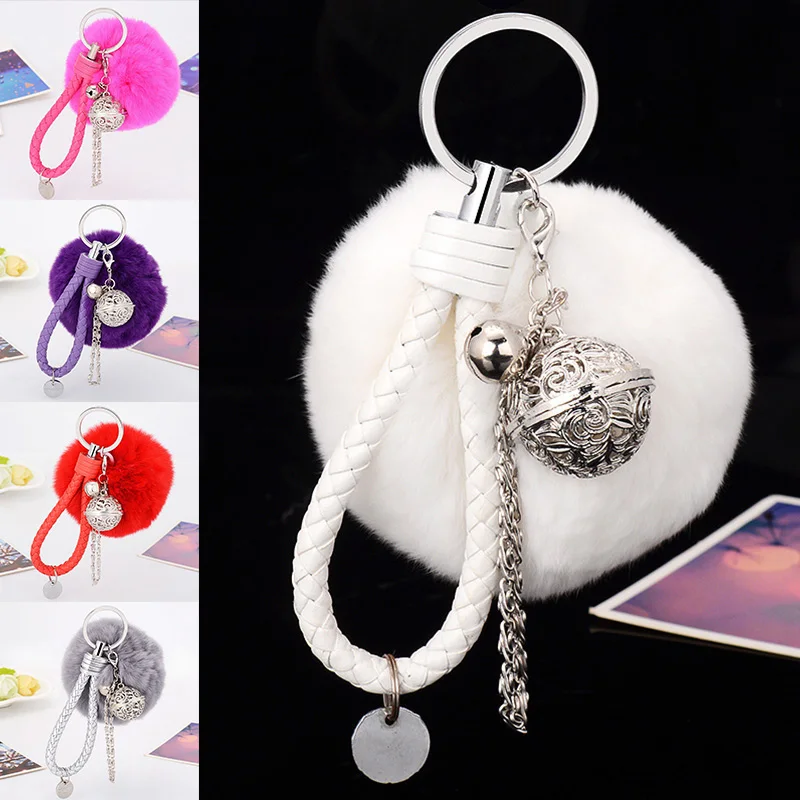 

Faux Rabbit Fur Ball Keychain Bell Chain Pompom Leather Braided Rope Key Ring Women Bag Ornaments Car Pendant Jewelry Trinket