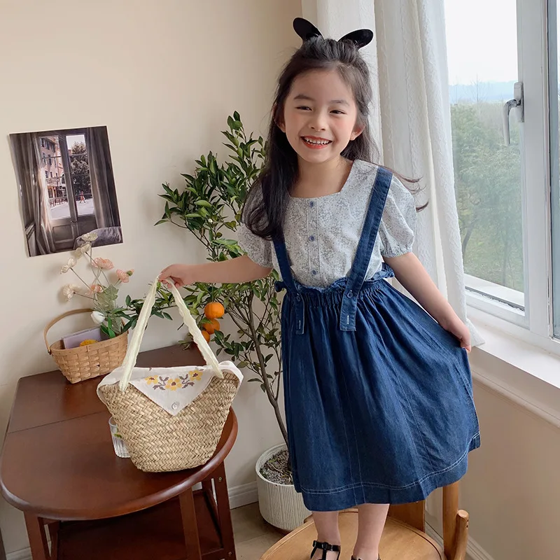 

Летняя рубашка с коротким рукавом для девочек 2022 детский топ в зарубежном стиле с цветочным принтом и пышными рукавами