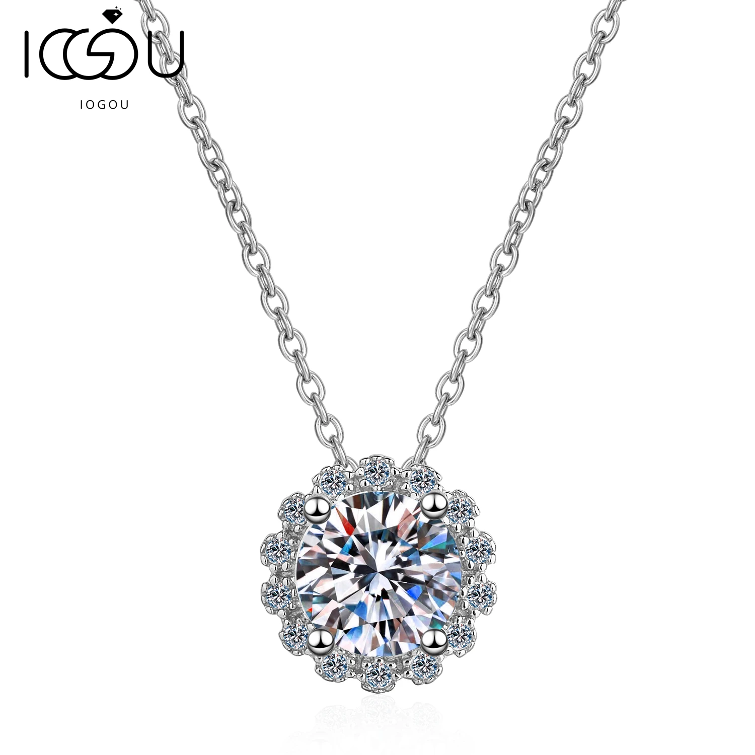 

IOGOU 925 Sterling Silver 1.0ct/3.0ct D-Color Round Moissanite Necklace For Women Flower-shaped Classic Necklace Jewelry Gift
