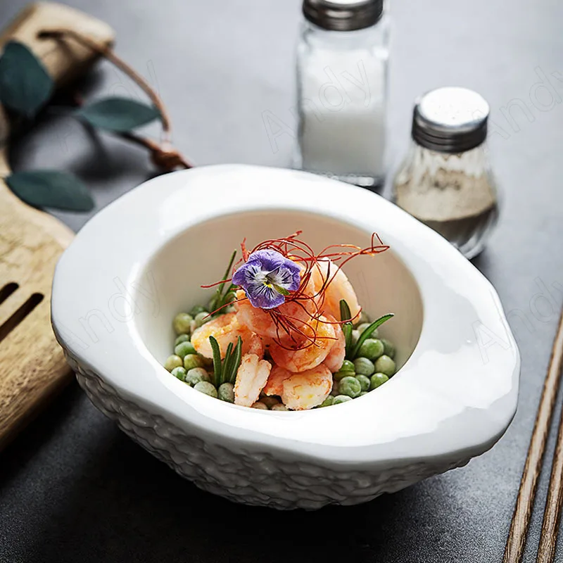 

Pure White Ceramic Dinner Plate Modern Stone Texture Decor Western Restaurant Steak Dish Irregular Art Desktop Fruit Salad Plate