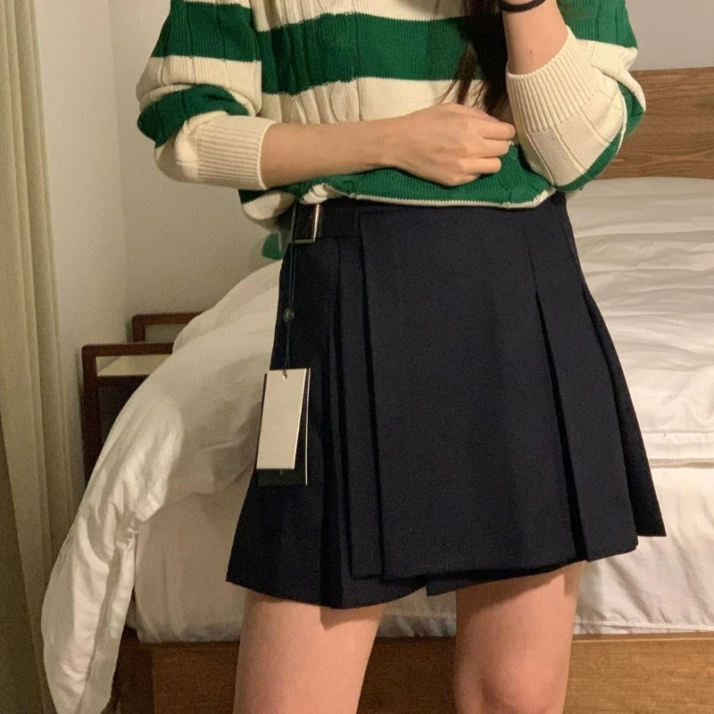 

2023 Summer New Dark Blue Irregular Pleated Skirt High Waist Mini Skirt