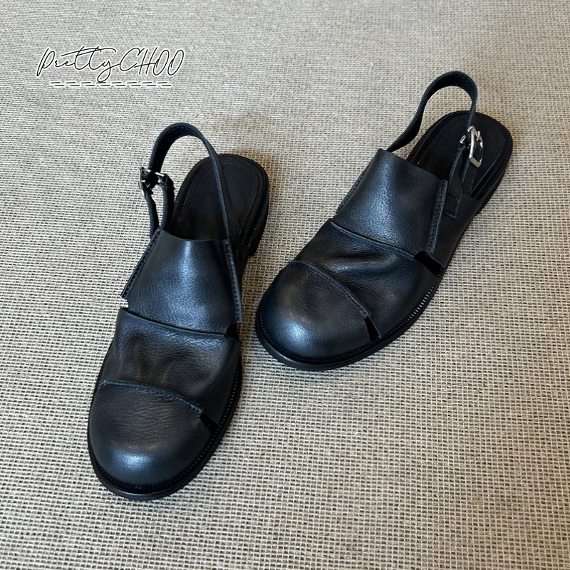 Сандалии женские в греческом стиле мягкая кожа Круглый закрытый носок ремешок на