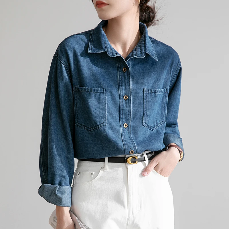 

Casual Denim Women's Shirts 2023 Spring Autumn New Solid Blouses Loose Long Sleeve Top Ladies Polo Neck Clothing YCMYUNYAN