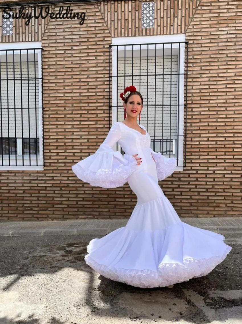 Белое платье-Русалка для выпускного испанского фламенко с длинными