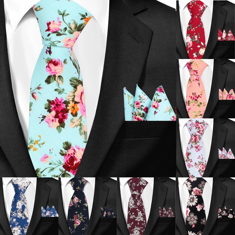 

New Casual Floral Cotton Ties And Pocket Square Sets Flower Print Skinny Necktie For Men Mens Neck Tie Cravat 6cm Slim Neckties