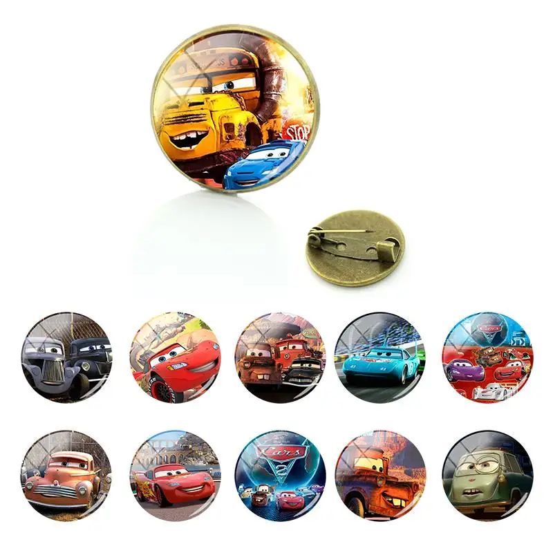 

Disney Cartoon Accessories Cars Characters Image Brooches Pins Glass Dome Round for Girls Women Vintage Jewelry Hot Sale FWN748