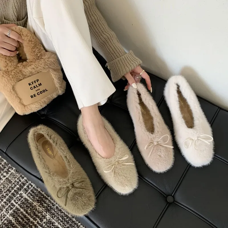 

Winter Shoes Women Low Heels Autumn Round Toe Loafers Fur Bow-Knot Casual Female Sneakers All-Match Flats Shallow Mouth Comforta