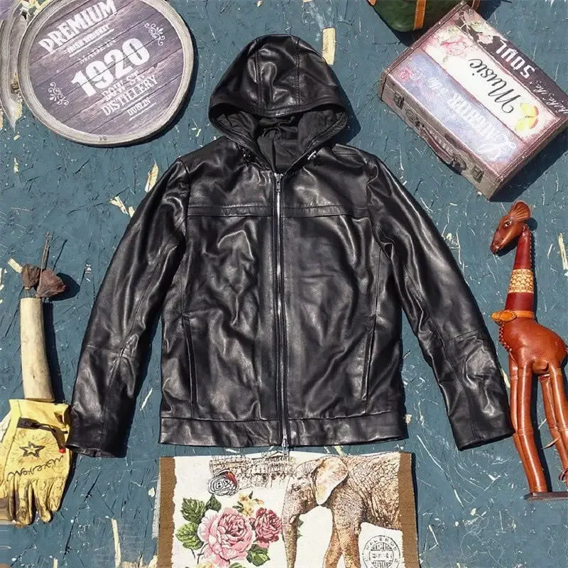 Мужская повседневная одежда из натуральной кожи с капюшоном большие размеры