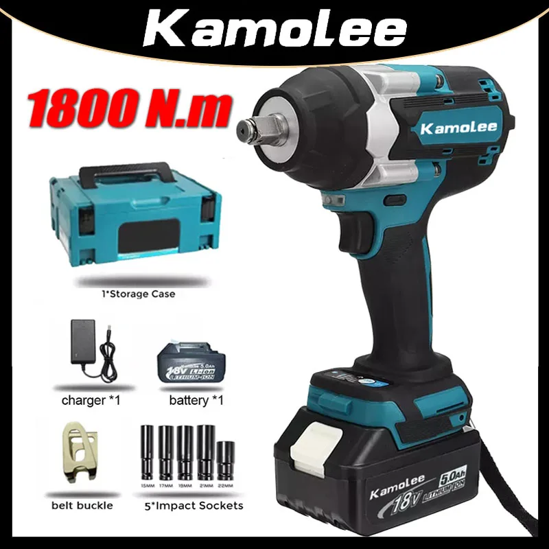   Kamolee-1800 N.M 토크 DTW700 브러시리스 전기 임팩트 렌치, 마끼다 18V 배터리용 1/2 리튬 이온 배터리 