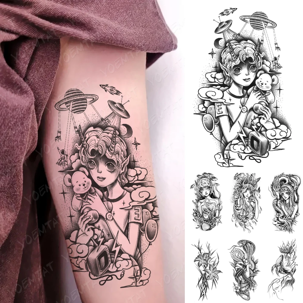 

Fantasy Girls Waterproof Temporary Tattoo Sticker Spaceship Cute Bear Cartoon Anime Body Art Women Men Arm Fake Sleeve Tattoos