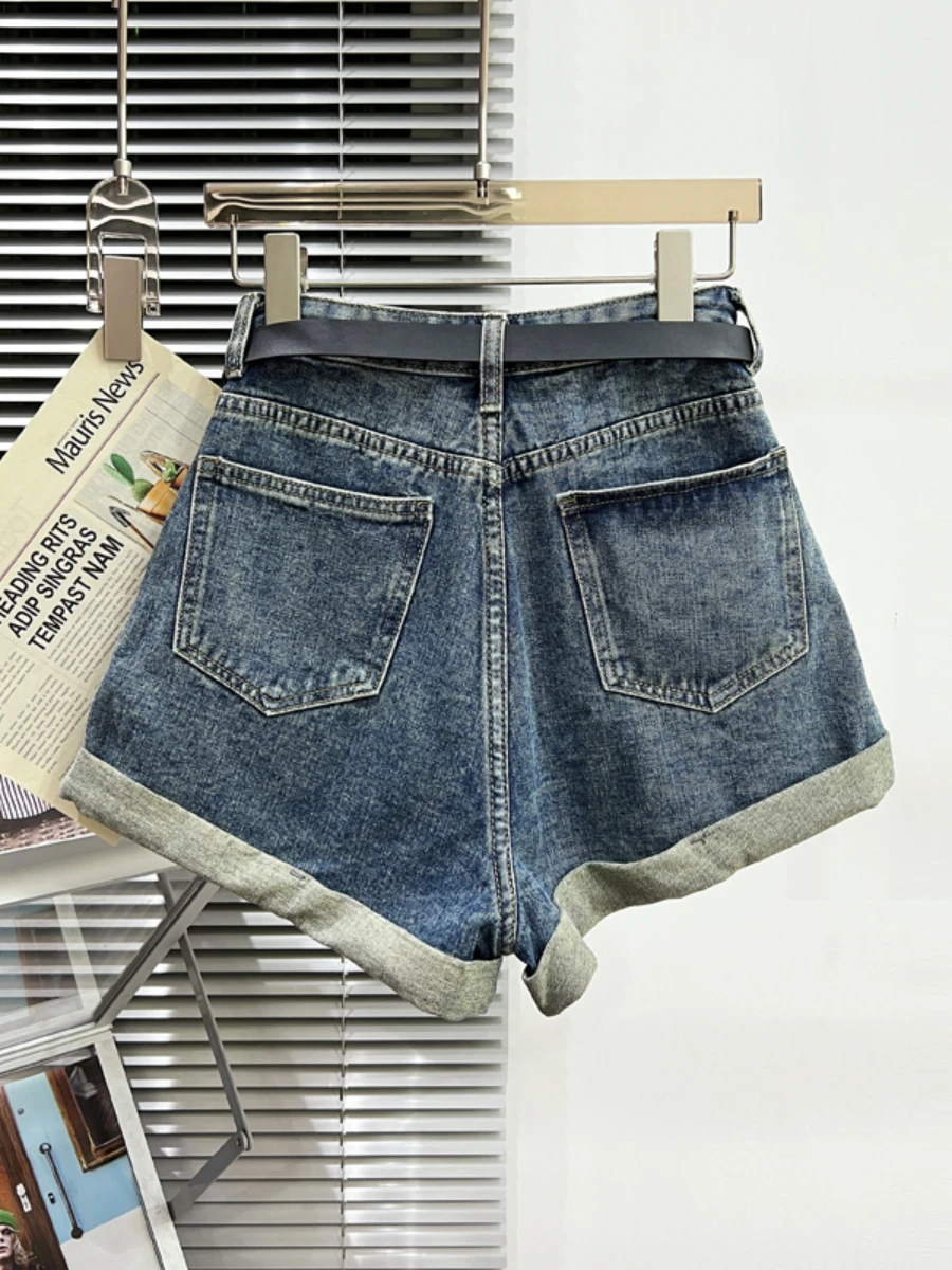 Letter B Belt Curling Wide Leg Shorts Women 2023 New Spring Summer Loose Pockets Denim Shorts Female Pantalones Cortos De Mujer