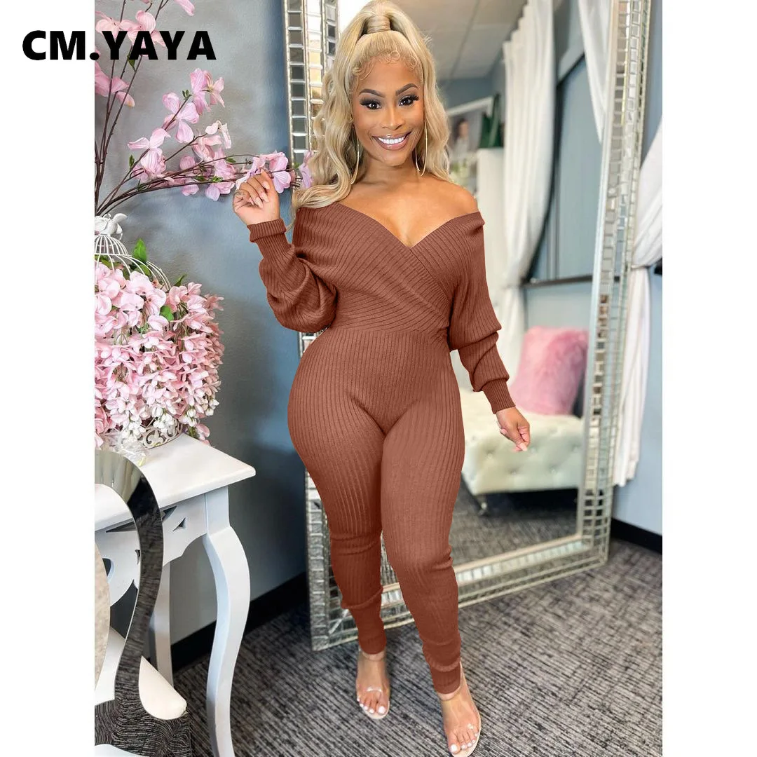 

Женский Вязаный комбинезон CM.YAYA с драпировкой, V-образным вырезом и открытыми плечами, элегантный уличный комбинезон с длинным рукавом, слит...