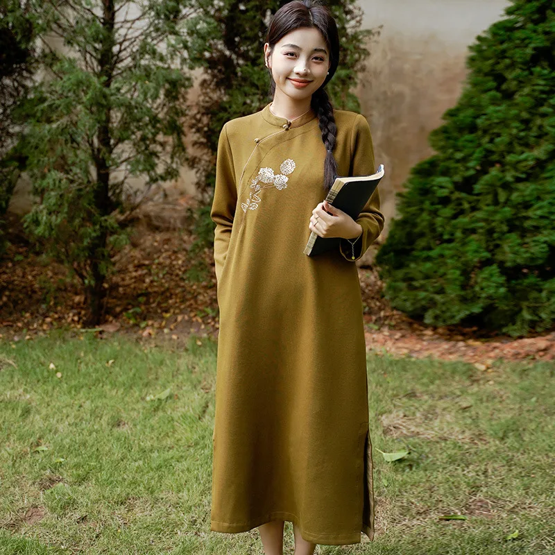 

Новинка 2023, длинное китайское Повседневное платье с длинными рукавами, элегантное свободное платье с вышивкой