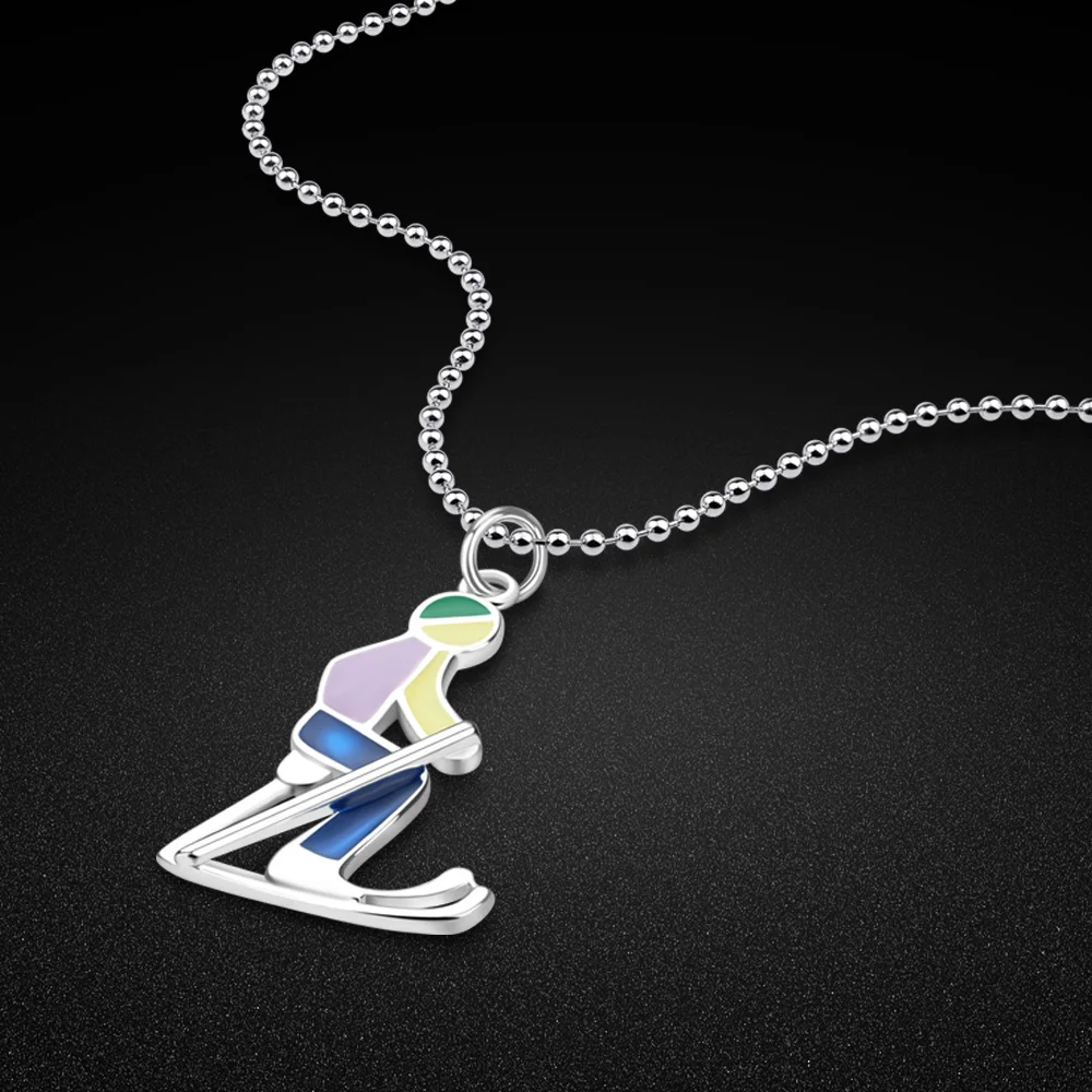 

Personality Women's 925 Sterling Silver Necklace - Cartoon Character Ski Pendant Bead Chain 18-34 Inch - Girls Charm Jewelry