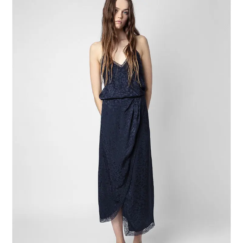 

Женское классическое шелковое жаккардовое платье-комбинация с темным леопардовым принтом, весна-лето 2023