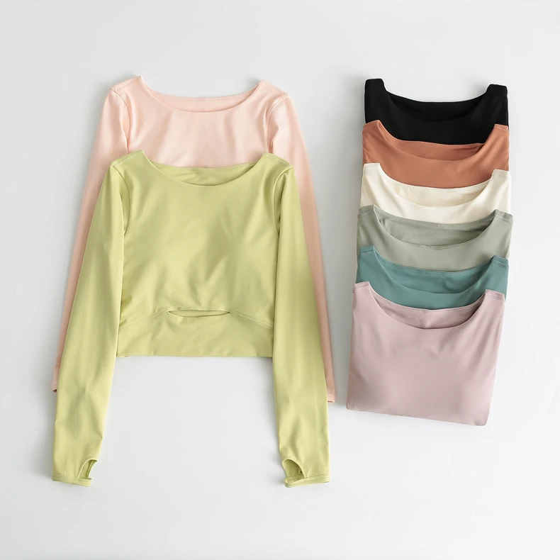 With Logo Workout Tops for Women Yoga Top With Chest Pad Exposed Navel Sports Long Sleeve Fitness T-Shirt Outdoor Cycling Tights