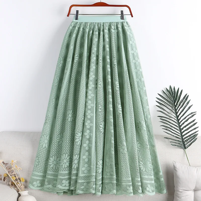 

2022 Women Elegant Fashion Flower Embroidery Hollow Out Lace Skirts Womens Casual Sexy Skirt Party Green Skirt Faldas Mujer Moda