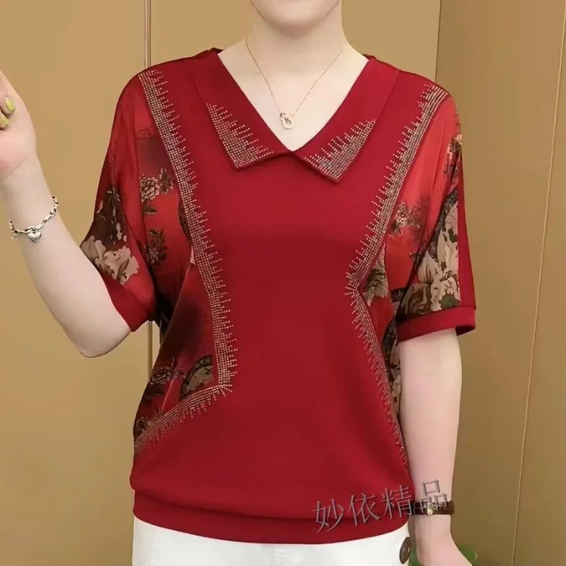 

Женская Винтажная футболка с коротким рукавом, красная Свободная Повседневная футболка с цветочным принтом, большие размеры