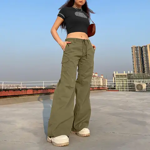 Women's Pocket Casual Pant Vintage Fashion Self Cultivation Low Rise Waist Straight Drawstring Trouser Simple Casual Cargo Pants