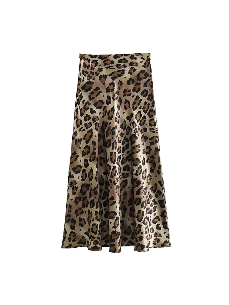 Юбка-миди Женская атласная с леопардовым принтом и высокой талией