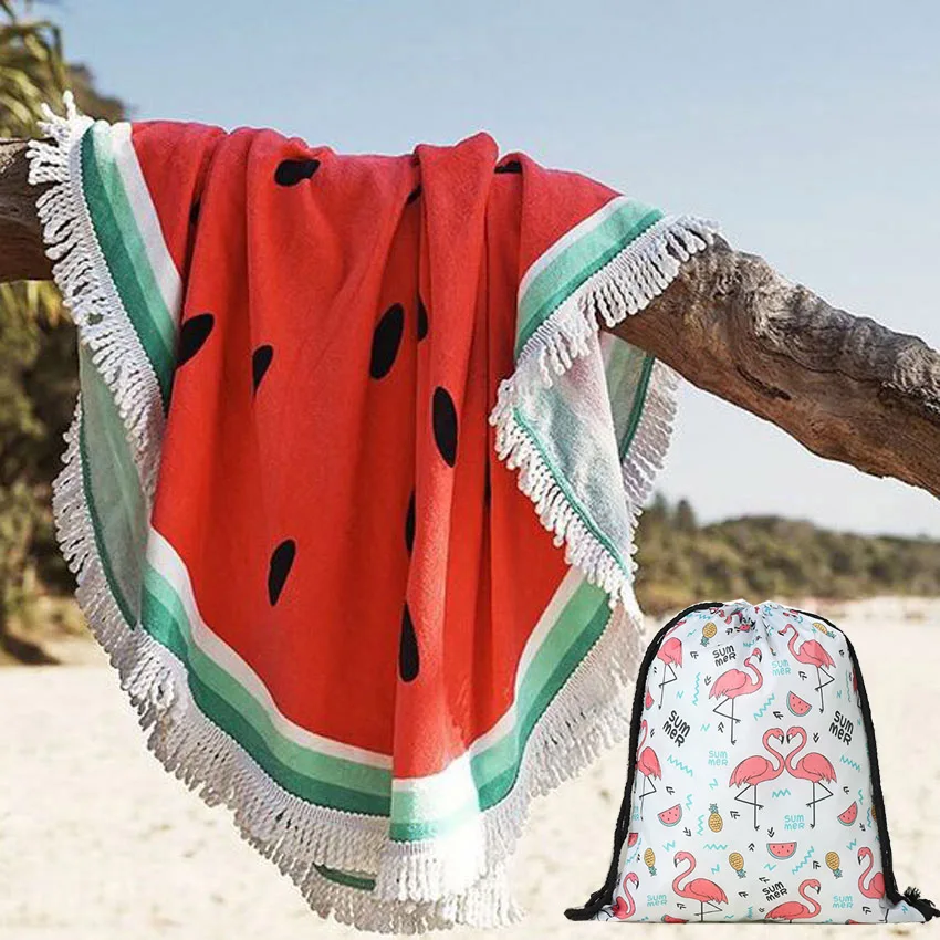 

Drawstring Playa With Mat Shower Towels Tassels Bag With Storage Summer Watermelon Beach Yoga Bath Round Toalla Sports Towels